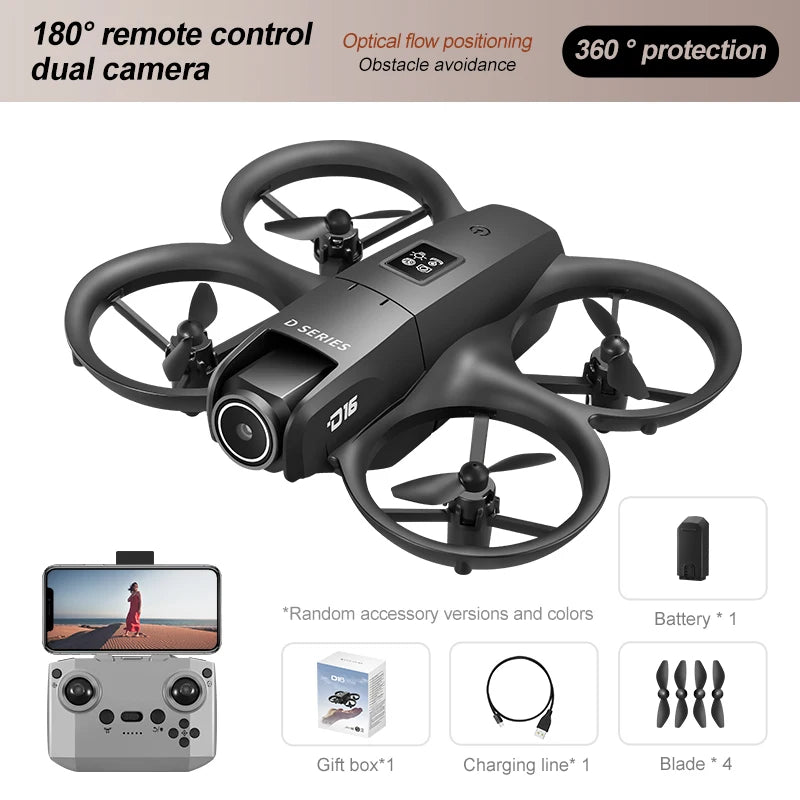 2025 D16 Mini Drone Cámara HD 4K 1080P 180 ° Lente Dron profesional para evitar obstáculos flujo óptico FPV Dron RC Quadcopter juguetes