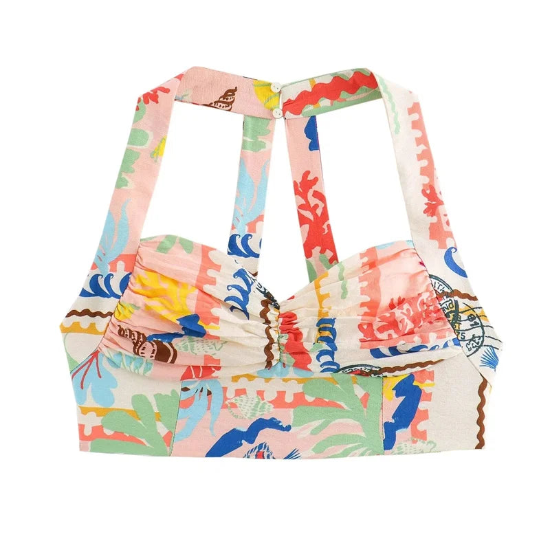 MUJER-Top corto con estampado de almazuela para mujer, Top sin mangas con cuello Halter y espalda descubierta con tirantes y hombros descubiertos, Tops cortos fruncidos de verano para mujer