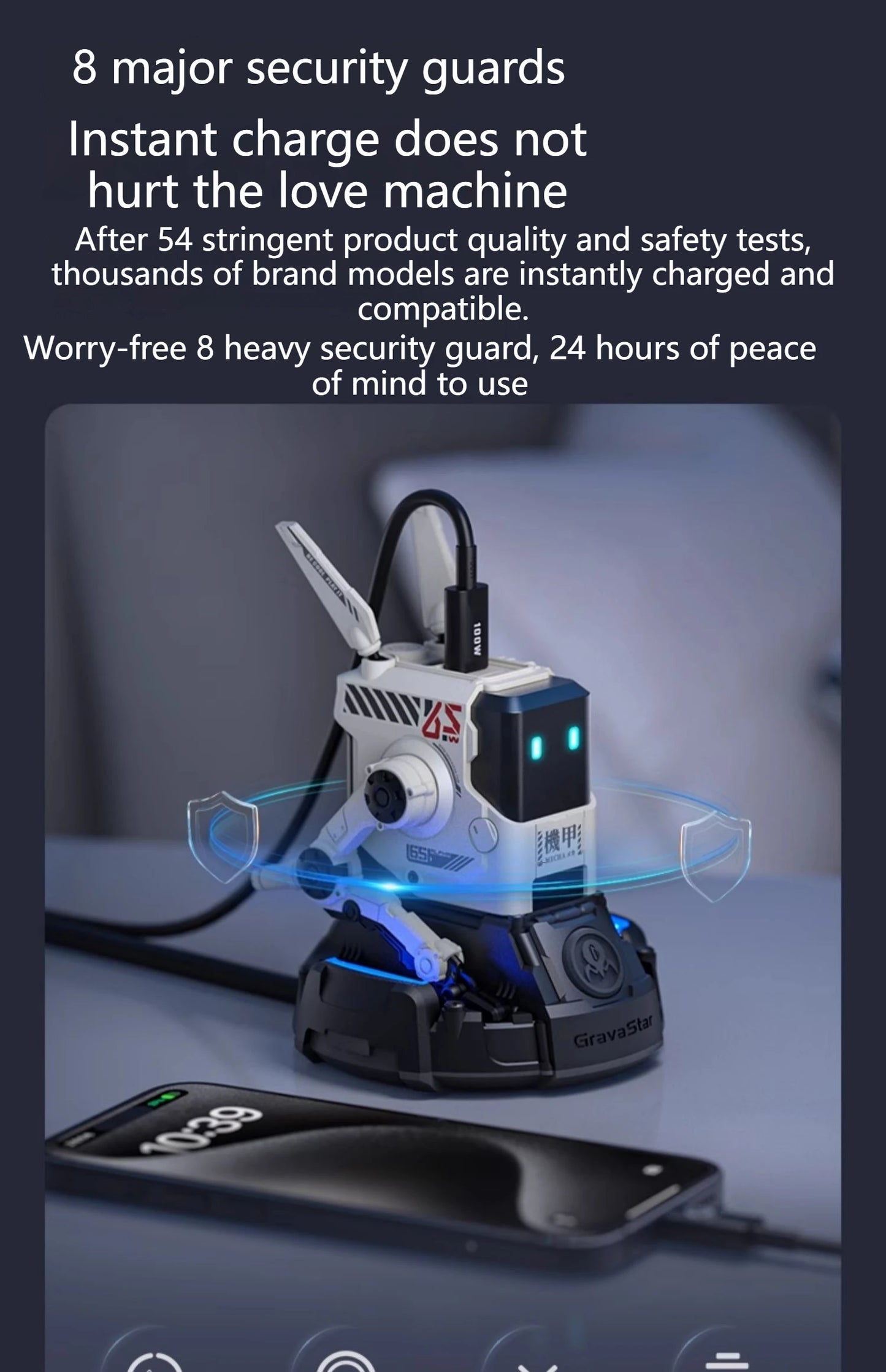 Cargador rápido GaN de tres puertos de 65W, apariencia mecánica, USB-C, protección de carga de USB-A, adecuado para QC PD, iPhone, tableta, carga de ordenador portátil