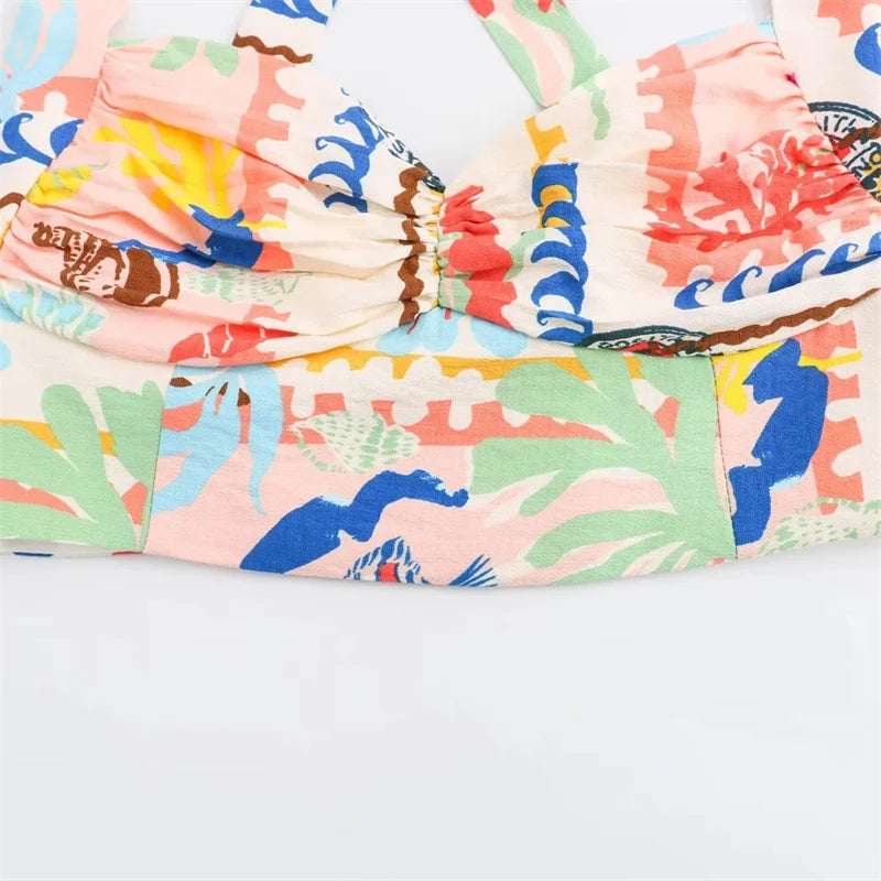 MUJER-Top corto con estampado de almazuela para mujer, Top sin mangas con cuello Halter y espalda descubierta con tirantes y hombros descubiertos, Tops cortos fruncidos de verano para mujer
