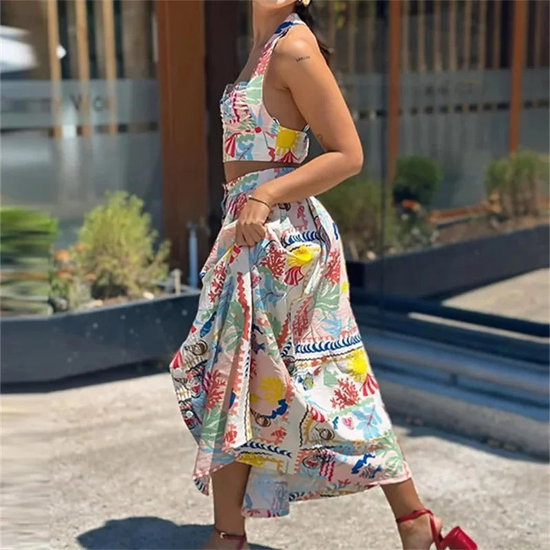 MUJER-Top corto con estampado de almazuela para mujer, Top sin mangas con cuello Halter y espalda descubierta con tirantes y hombros descubiertos, Tops cortos fruncidos de verano para mujer