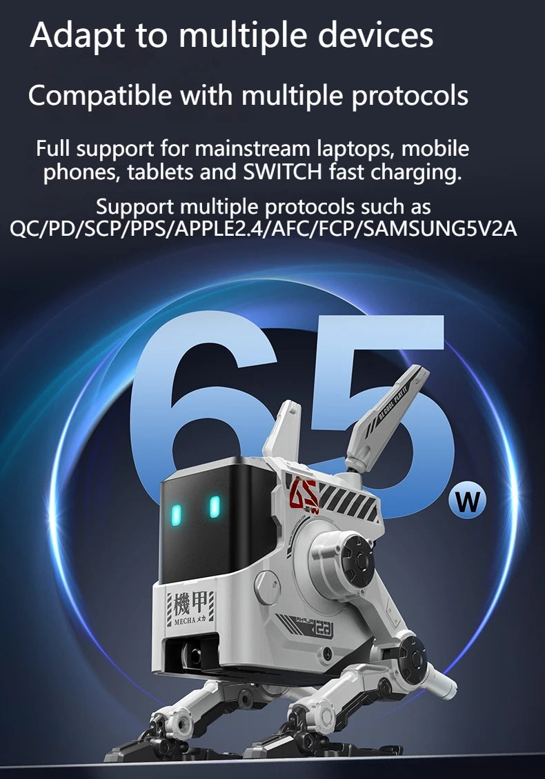 Cargador rápido GaN de tres puertos de 65W, apariencia mecánica, USB-C, protección de carga de USB-A, adecuado para QC PD, iPhone, tableta, carga de ordenador portátil