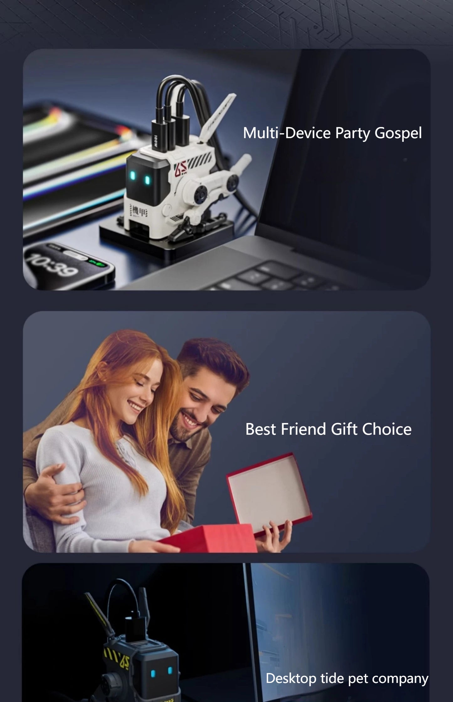 Cargador rápido GaN de tres puertos de 65W, apariencia mecánica, USB-C, protección de carga de USB-A, adecuado para QC PD, iPhone, tableta, carga de ordenador portátil