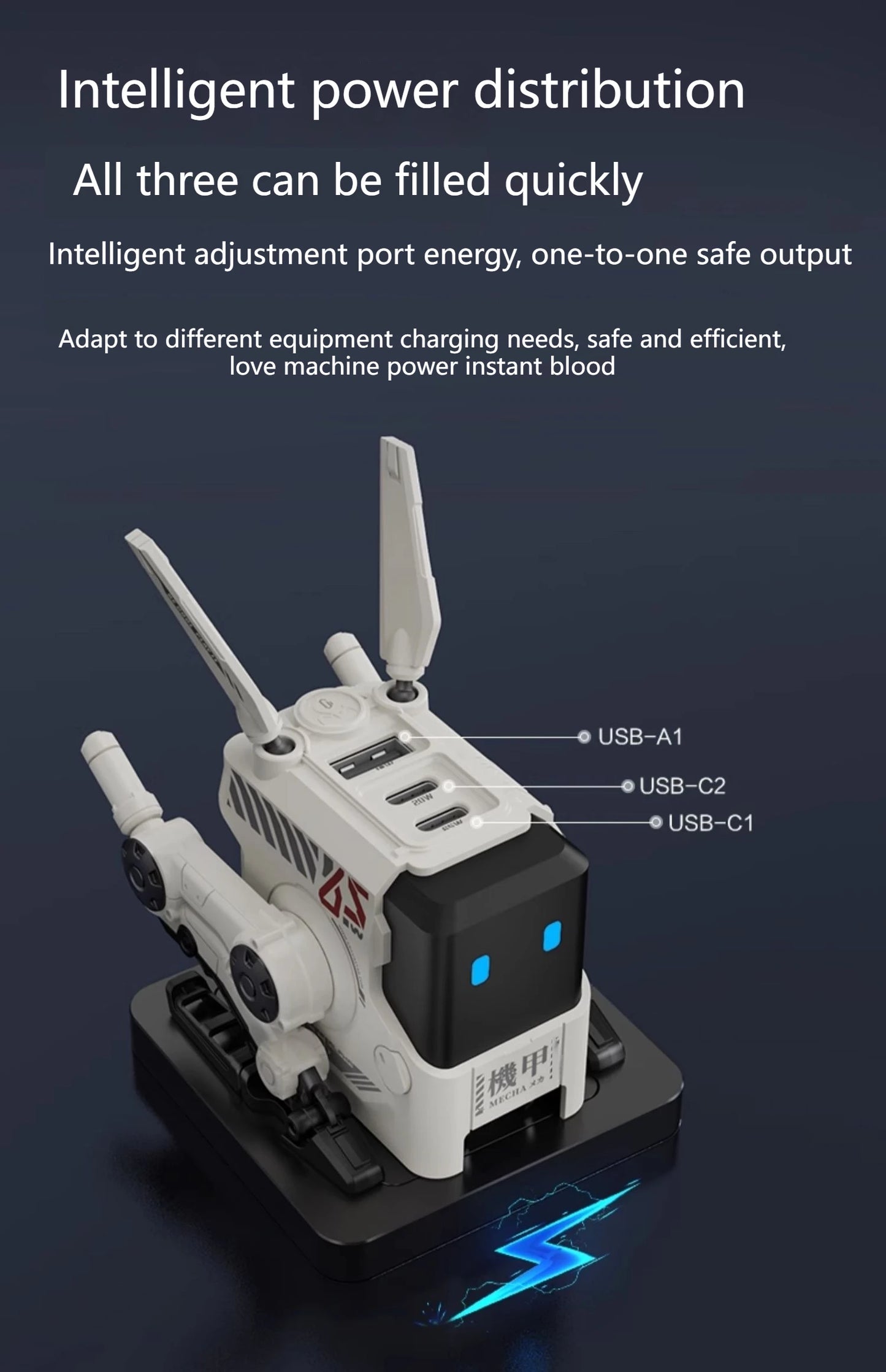 Cargador rápido GaN de tres puertos de 65W, apariencia mecánica, USB-C, protección de carga de USB-A, adecuado para QC PD, iPhone, tableta, carga de ordenador portátil