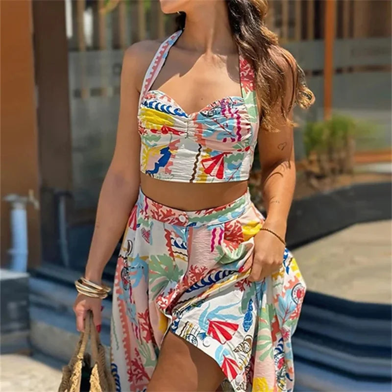 MUJER-Top corto con estampado de almazuela para mujer, Top sin mangas con cuello Halter y espalda descubierta con tirantes y hombros descubiertos, Tops cortos fruncidos de verano para mujer