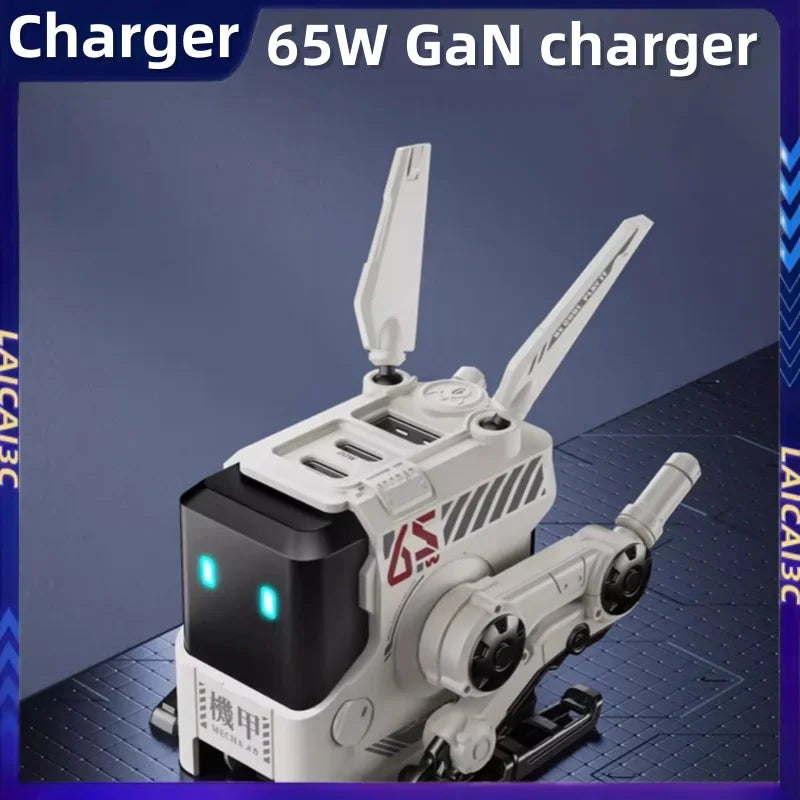 Cargador rápido GaN de tres puertos de 65W, apariencia mecánica, USB-C, protección de carga de USB-A, adecuado para QC PD, iPhone, tableta, carga de ordenador portátil