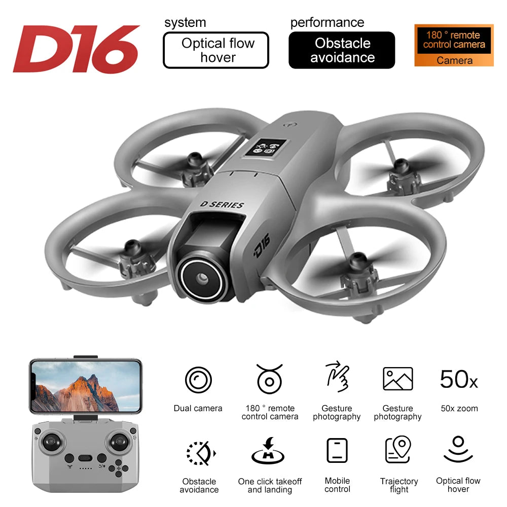 2025 D16 Mini Drone Cámara HD 4K 1080P 180 ° Lente Dron profesional para evitar obstáculos flujo óptico FPV Dron RC Quadcopter juguetes
