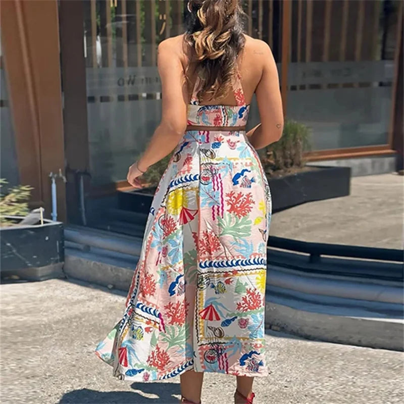 MUJER-Top corto con estampado de almazuela para mujer, Top sin mangas con cuello Halter y espalda descubierta con tirantes y hombros descubiertos, Tops cortos fruncidos de verano para mujer