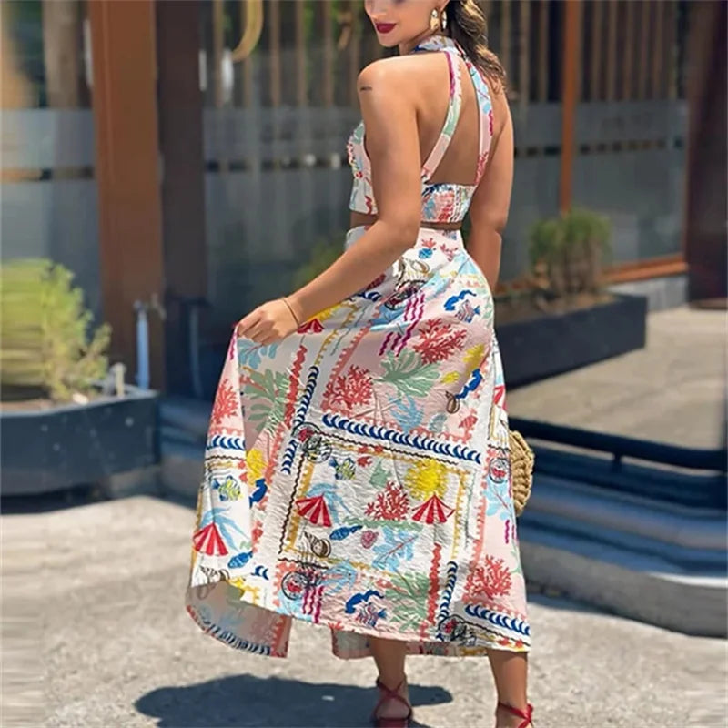 MUJER-Top corto con estampado de almazuela para mujer, Top sin mangas con cuello Halter y espalda descubierta con tirantes y hombros descubiertos, Tops cortos fruncidos de verano para mujer