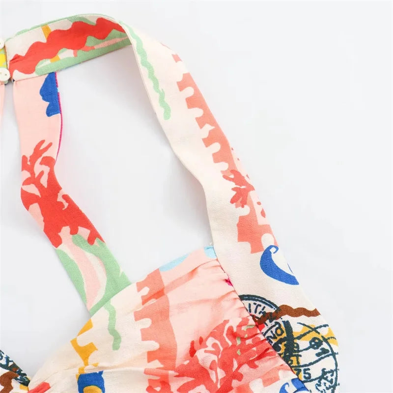MUJER-Top corto con estampado de almazuela para mujer, Top sin mangas con cuello Halter y espalda descubierta con tirantes y hombros descubiertos, Tops cortos fruncidos de verano para mujer
