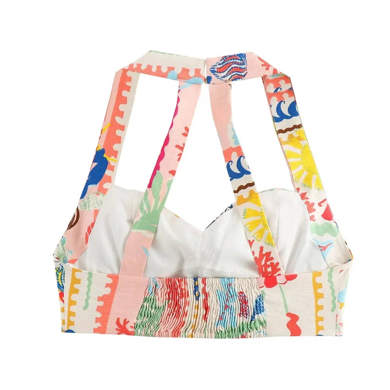 MUJER-Top corto con estampado de almazuela para mujer, Top sin mangas con cuello Halter y espalda descubierta con tirantes y hombros descubiertos, Tops cortos fruncidos de verano para mujer