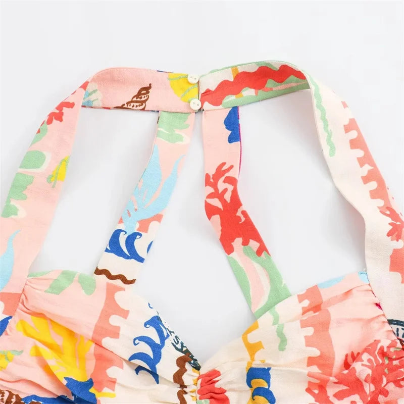 MUJER-Top corto con estampado de almazuela para mujer, Top sin mangas con cuello Halter y espalda descubierta con tirantes y hombros descubiertos, Tops cortos fruncidos de verano para mujer