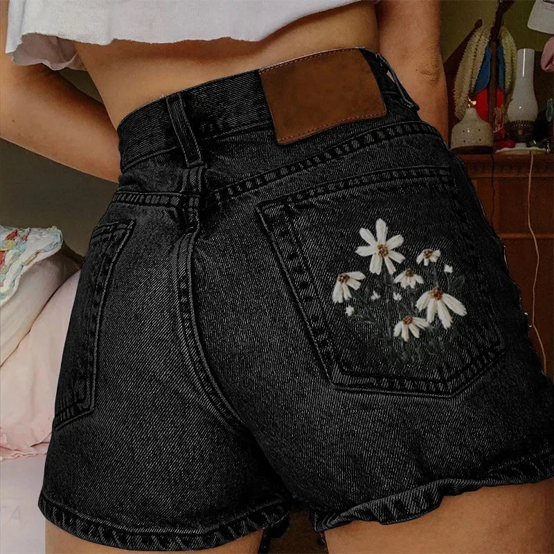 Pantalones cortos para mujer, pantalones vaqueros, pantalones vaqueros, pantalones bordados florales, cintura alta, informales, bolsillos regulares, empalme elegante, otoño