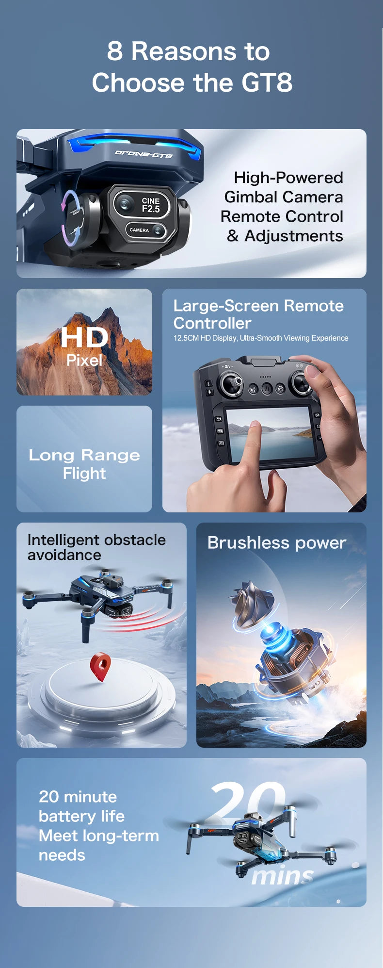 2025 Nuevo GT8 Drone GPS 8K Profesional HD 360 ° Cámaras duales 5G WIFI motores sin escobillas evitación de obstáculos juguetes de cuadricóptero plegables