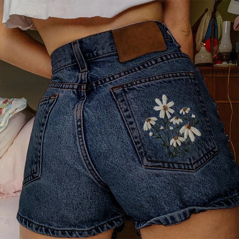 Pantalones cortos para mujer, pantalones vaqueros, pantalones vaqueros, pantalones bordados florales, cintura alta, informales, bolsillos regulares, empalme elegante, otoño