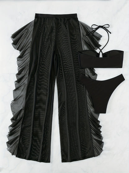 [Sexy Mesh Bikini] Three-piece Sexy Black Mesh Bikini Swimsuit Women's Pure Fashion Gathered Cross-Band Panty