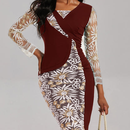 3/4 Vestido de manga con cuello en V, elegante vestido midi ajustado de cintura delgada, ropa de mujer