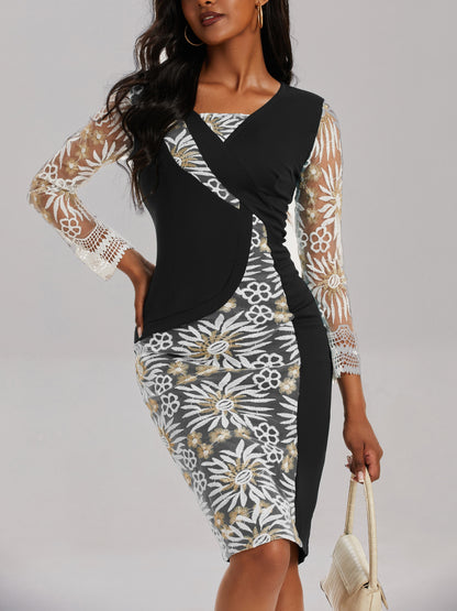 3/4 Vestido de manga con cuello en V, elegante vestido midi ajustado de cintura delgada, ropa de mujer
