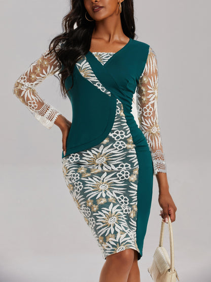 3/4 Vestido de manga con cuello en V, elegante vestido midi ajustado de cintura delgada, ropa de mujer