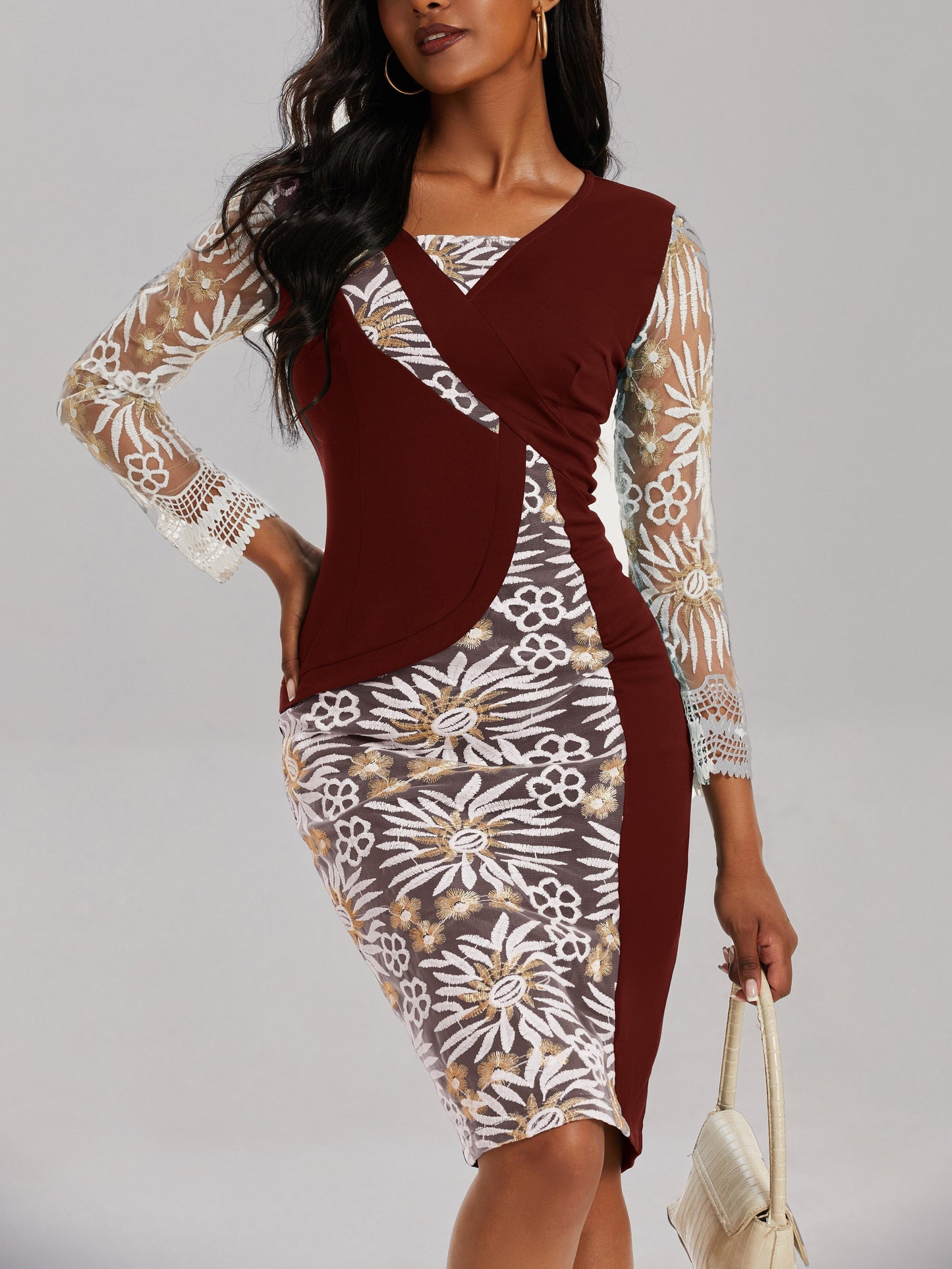 3/4 Vestido de manga con cuello en V, elegante vestido midi ajustado de cintura delgada, ropa de mujer