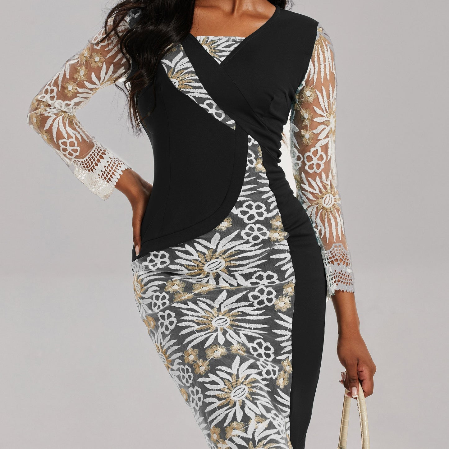 3/4 Vestido de manga con cuello en V, elegante vestido midi ajustado de cintura delgada, ropa de mujer