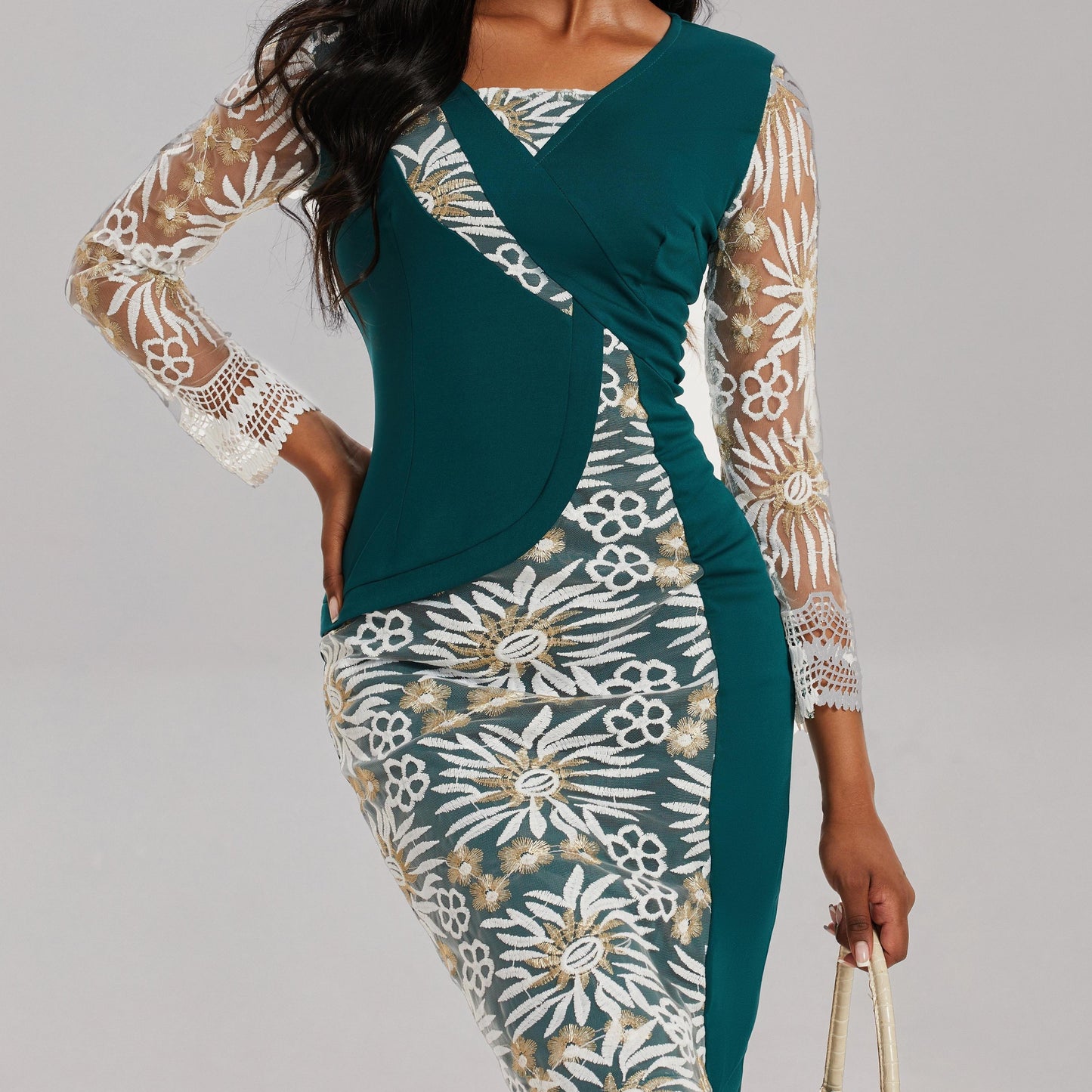 3/4 Vestido de manga con cuello en V, elegante vestido midi ajustado de cintura delgada, ropa de mujer