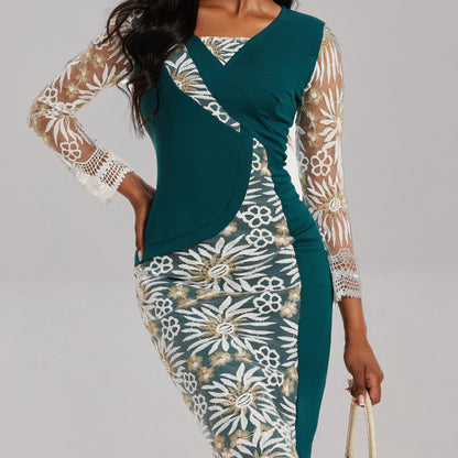 3/4 Vestido de manga con cuello en V, elegante vestido midi ajustado de cintura delgada, ropa de mujer
