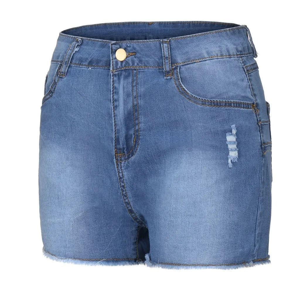 Pantalones cortos de mezclilla de cintura alta para mujer, pantalones cortos elásticos de cadera envueltos con borde crudo, pantalones vaqueros rasgados Retro, ropa de calle sólida, verano, caliente