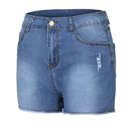 Pantalones cortos de mezclilla de cintura alta para mujer, pantalones cortos elásticos de cadera envueltos con borde crudo, pantalones vaqueros rasgados Retro, ropa de calle sólida, verano, caliente