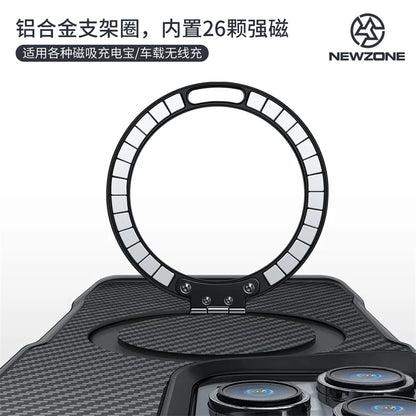 Funda magnética de fibra de carbono de lujo para iPhone 16, 15, 14 Plus, 13, 12, 15 y 16 Pro Max, funda protectora con soporte de aleación de aluminio