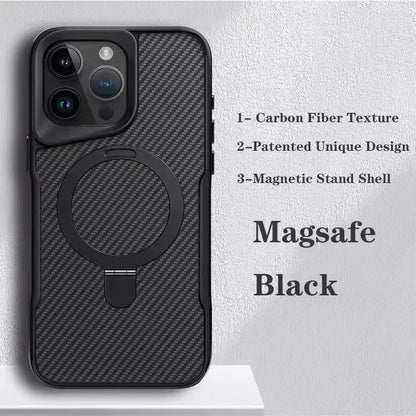 Funda magnética de fibra de carbono de lujo para iPhone 16, 15, 14 Plus, 13, 12, 15 y 16 Pro Max, funda protectora con soporte de aleación de aluminio