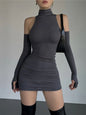 Minivestido Sexy de manga larga para mujer, vestido ceñido plisado con cuello alto, negro brillante, elástico, para fiesta, sin mangas, envolvente en la cadera, para Club