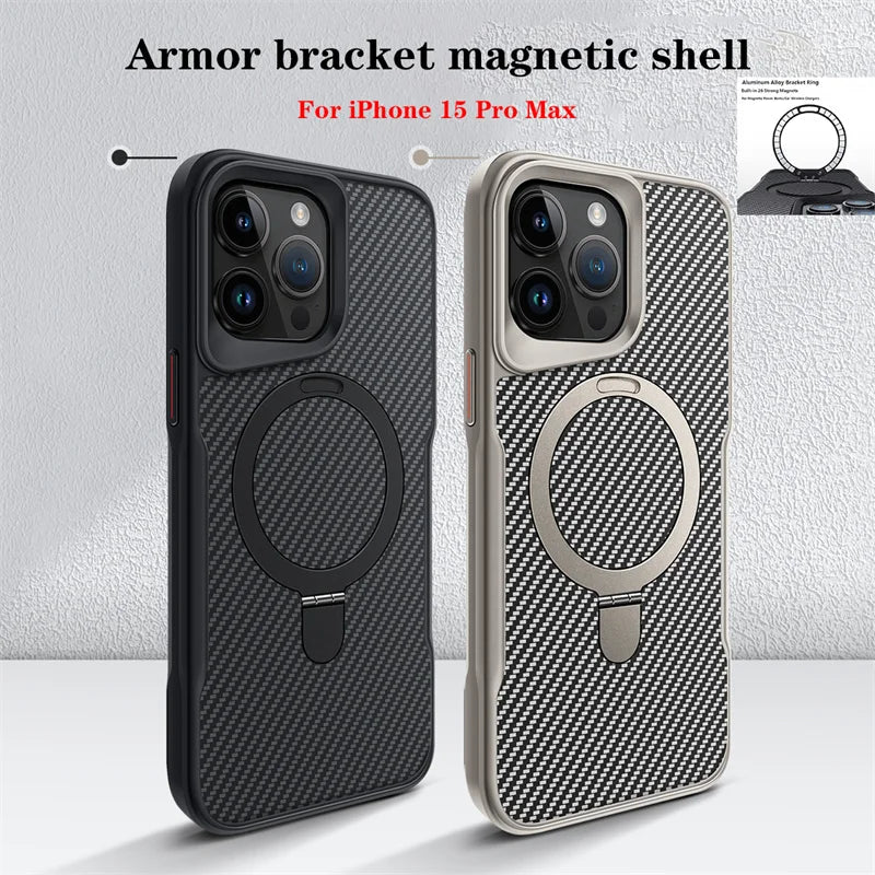 Funda magnética de fibra de carbono de lujo para iPhone 16, 15, 14 Plus, 13, 12, 15 y 16 Pro Max, funda protectora con soporte de aleación de aluminio