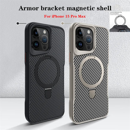 Funda magnética de fibra de carbono de lujo para iPhone 16, 15, 14 Plus, 13, 12, 15 y 16 Pro Max, funda protectora con soporte de aleación de aluminio