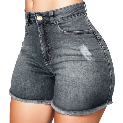 Pantalones cortos de mezclilla de cintura alta para mujer, pantalones cortos elásticos de cadera envueltos con borde crudo, pantalones vaqueros rasgados Retro, ropa de calle sólida, verano, caliente