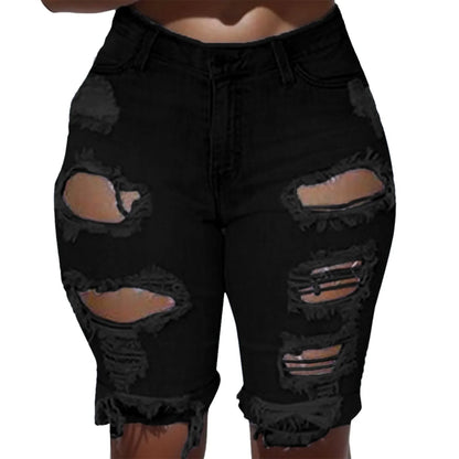 Pantalones cortos de mezclilla de cintura alta para mujer, pantalones cortos elásticos de cadera envueltos con borde crudo, pantalones vaqueros rasgados Retro, ropa de calle sólida, verano, caliente