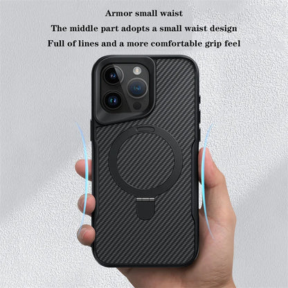 Funda magnética de fibra de carbono de lujo para iPhone 16, 15, 14 Plus, 13, 12, 15 y 16 Pro Max, funda protectora con soporte de aleación de aluminio