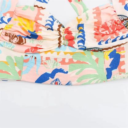 MUJER-Top corto con estampado de almazuela para mujer, Top sin mangas con cuello Halter y espalda descubierta con tirantes y hombros descubiertos, Tops cortos fruncidos de verano para mujer