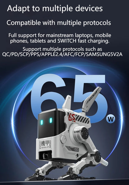 Cargador rápido GaN de tres puertos de 65W, apariencia mecánica, USB-C, protección de carga de USB-A, adecuado para QC PD, iPhone, tableta, carga de ordenador portátil