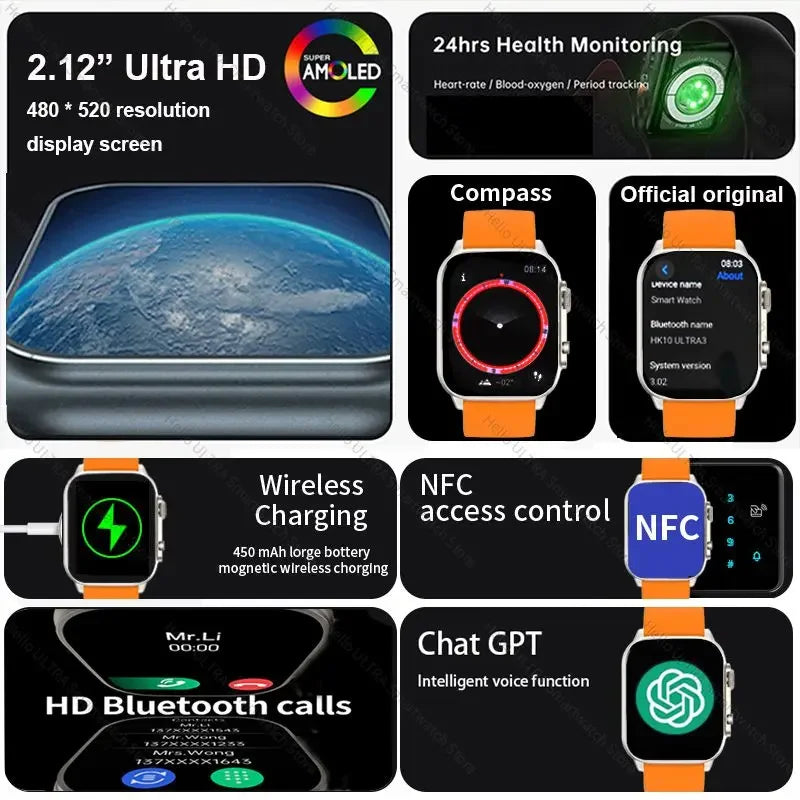 HK10PRO Chat GPT AMOLED 45mm NFC brújula BT llamada tacto suave ritmo cardíaco Smartwatch hombres mujeres