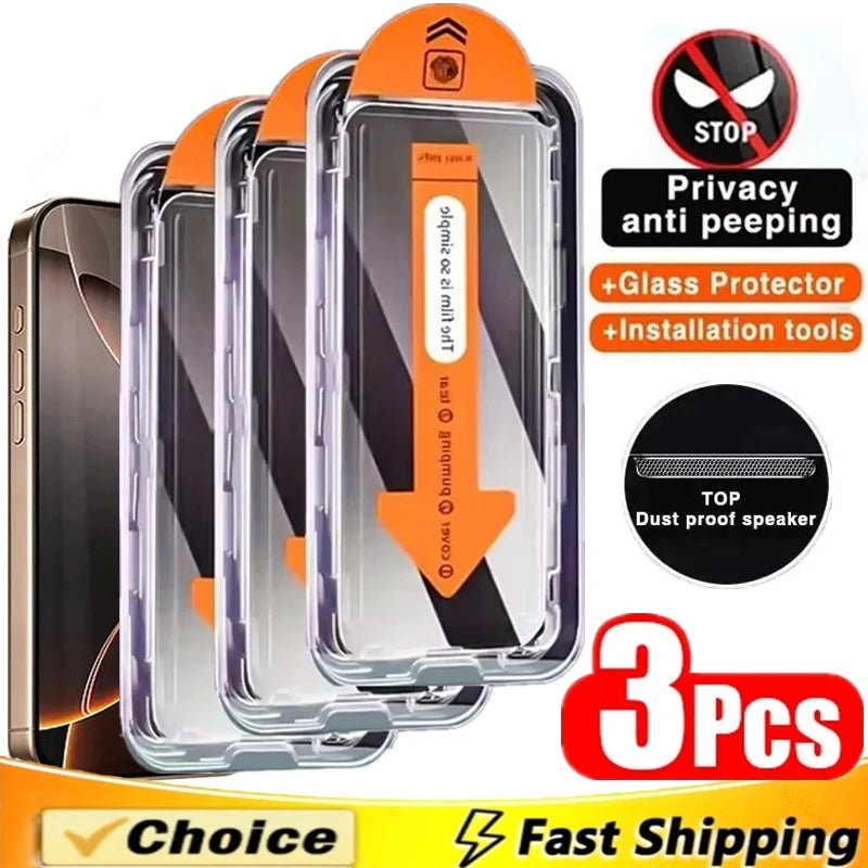 Protector de pantalla de privacidad para IPhone 16 14 11 12 13 15 Pro Max 7 8 Plus Mini X XR XS, vidrio antiespía, instalación sin polvo, 3 uds.
