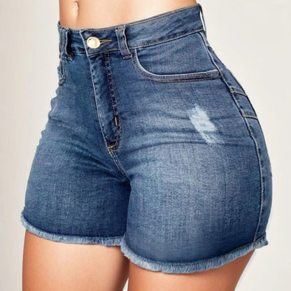 Pantalones cortos de mezclilla de cintura alta para mujer, pantalones cortos elásticos de cadera envueltos con borde crudo, pantalones vaqueros rasgados Retro, ropa de calle sólida, verano, caliente