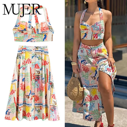 MUJER-Top corto con estampado de almazuela para mujer, Top sin mangas con cuello Halter y espalda descubierta con tirantes y hombros descubiertos, Tops cortos fruncidos de verano para mujer