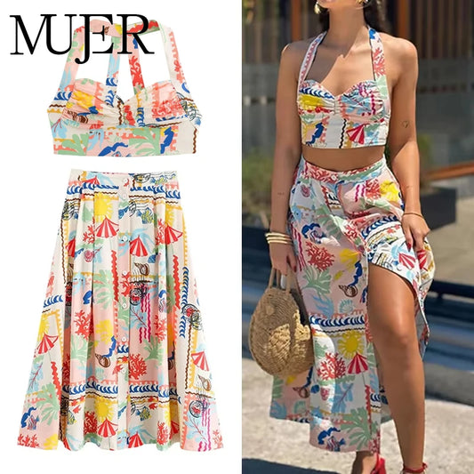 MUJER-Top corto con estampado de almazuela para mujer, Top sin mangas con cuello Halter y espalda descubierta con tirantes y hombros descubiertos, Tops cortos fruncidos de verano para mujer