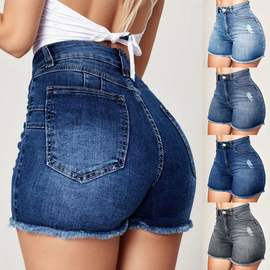 Pantalones cortos de mezclilla de cintura alta para mujer, pantalones cortos elásticos de cadera envueltos con borde crudo, pantalones vaqueros rasgados Retro, ropa de calle sólida, verano, caliente