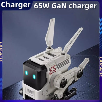 Cargador rápido GaN de tres puertos de 65W, apariencia mecánica, USB-C, protección de carga de USB-A, adecuado para QC PD, iPhone, tableta, carga de ordenador portátil