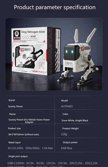 Cargador rápido GaN de tres puertos de 65W, apariencia mecánica, USB-C, protección de carga de USB-A, adecuado para QC PD, iPhone, tableta, carga de ordenador portátil
