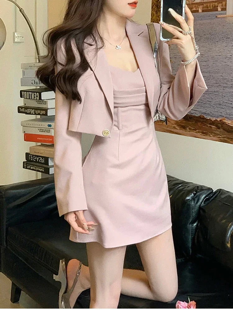 Conjunto elegante de dos piezas para mujer, chaqueta y Vestido con tirantes, informal, moda coreana, Otoño, 2024