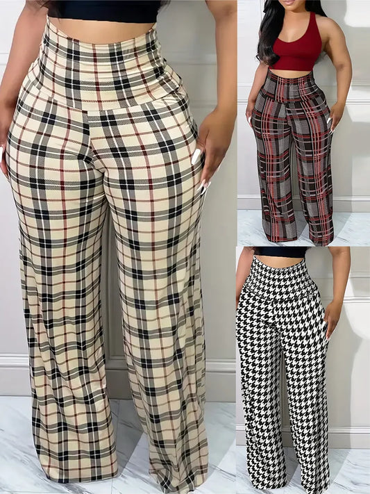 Pantalones de pierna ancha a cuadros para mujer,sueltos casuales de cintura alta para primavera verano