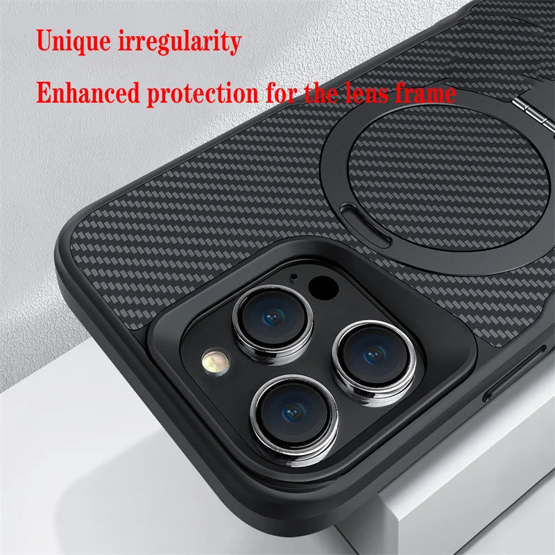 Funda magnética de fibra de carbono de lujo para iPhone 16, 15, 14 Plus, 13, 12, 15 y 16 Pro Max, funda protectora con soporte de aleación de aluminio